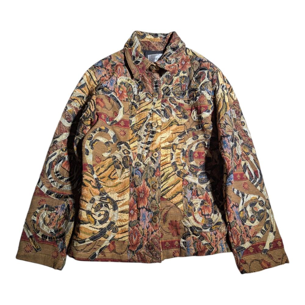 Vtg 1990s Chico's Beige Animal Print Tapestry Patchwork Button Up Jacket Sz 1 M